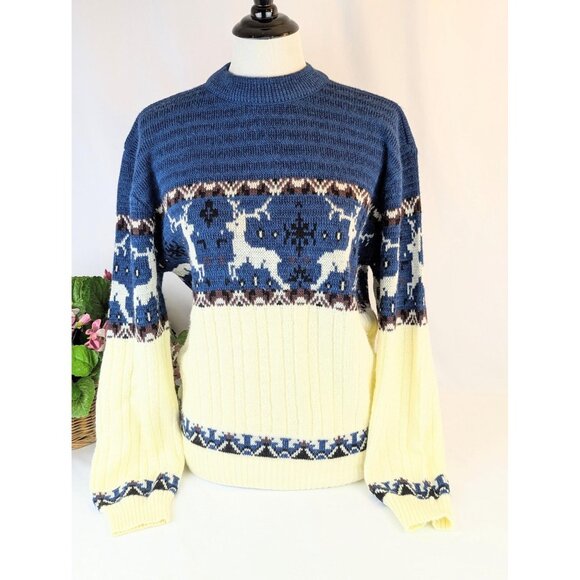 Vintage 1980s Women's Nordic Fair Isle Sweater Blue Ecru Reindeer Warm Winter - Picture 4 of 10